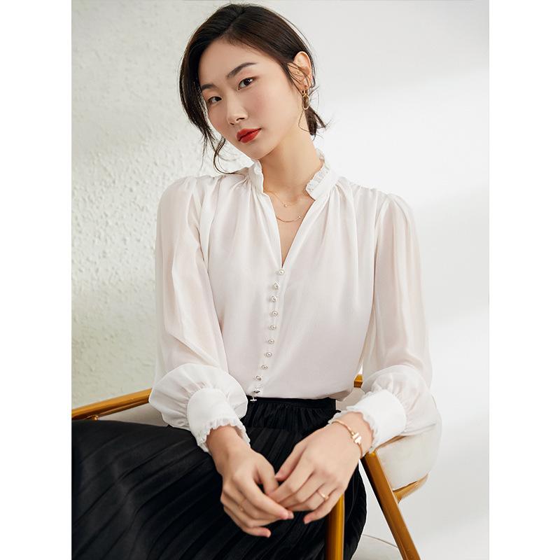 Petite Women's French-Style V-Neck Ruffle Blouse - White Mulberry Silk Long Sleeve