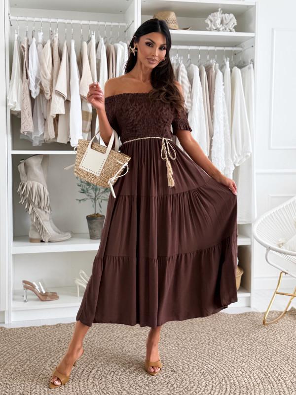 

2025 Summer Solid Color Waist-Tie Patchwork Dress with Short Sleeves L темный кофе