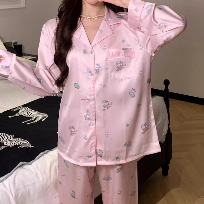 Ice Silk Long-Sleeved Women'S Pajamas Cute Cartoon High-End Silk Loungewear Two-Piece Set