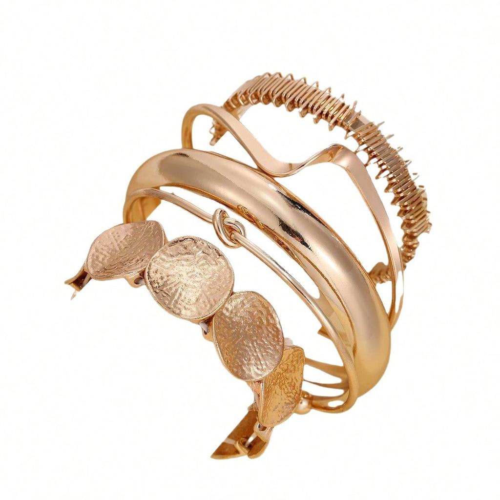 5pcs Vintage Exaggerated Luxury Geometric Design Wide Metal Gold Bangle Set, Suitable For Everyday Wear And Gifting