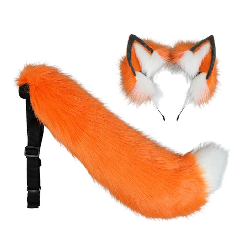 

Faux Fur Cats Ears Headband & Tail Costume Kit Hairpin for Halloween Party Un білий/помаранчевий