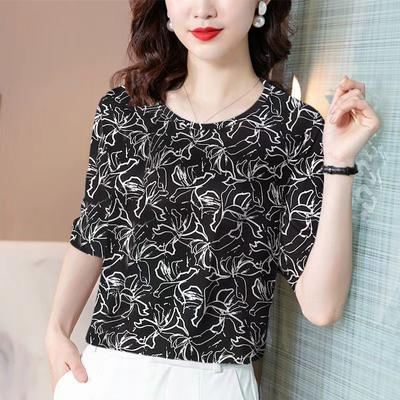 Zomer Nieuwe Losse Top Dames IJszijde Franse Halve Mouwen Dunne T-shirt Print Ronde Hals Basis Shirt M-4XL
