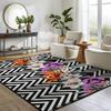 Black White Zigzag Floral Area Rug Purple Orange Lily Botanical Pattern Modern Chevron Decorative Runner Tropical Style Home