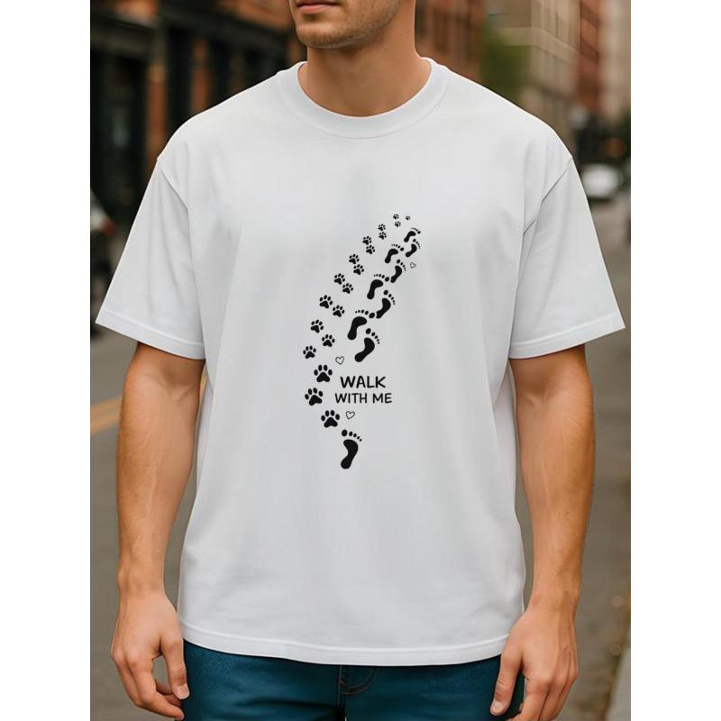 Europeiska storlekar "Walk with Me" Fotavtryck och Tassavtryck Husdjur Varm Stil Sommar Mode T-shirt | Herr Casual Rund Hals