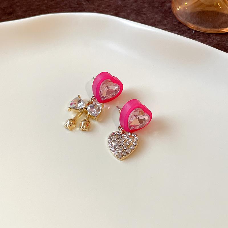 

Silver Needle Diamond Love Bow Asymmetrical Necklace Sweet and Delicate Girly Earrings Women s Versatile Jewelry