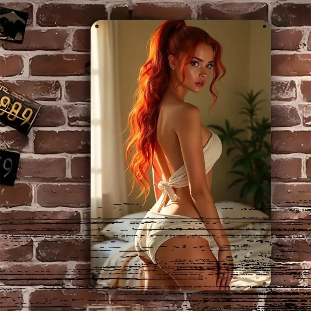 Vintage Red Hair Lady 2D Aluminum Wall Art 8x12 Inch - No Power Easy Hang Home Decor for Bedroom Living Room