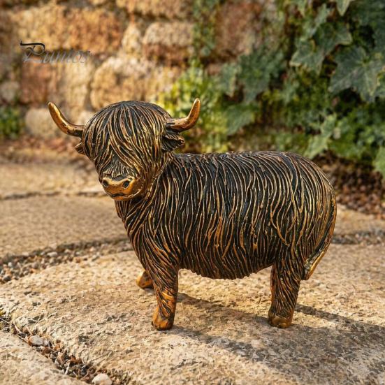 Vintage Copper Finish Garden Art Highland Yak Resin Figurines, Bronze Animal Statues, Weatherproof Sitting Set Farmhouse Decor for Living Room