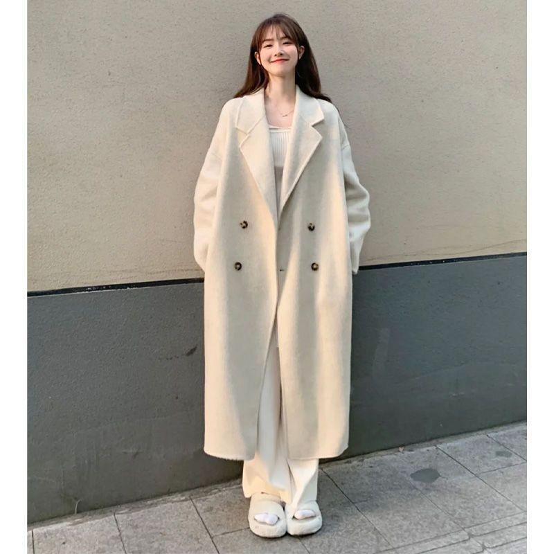 Women's Mid-Length Wool Blend Coat - Autumn/Winter, Over-the-Knee, Cotton-Padded, Double-Breasted, Loose Fit, Straight Cut, Thick Windbreaker.