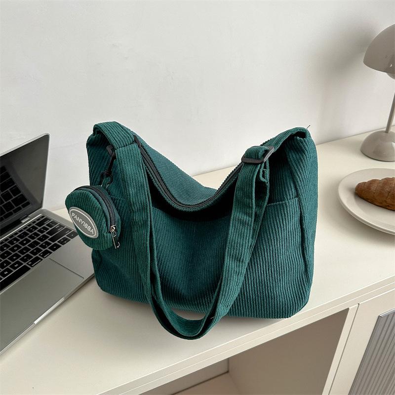 Large Capacity College Girls Simple Book Shoulder Bag Soft Corduroy Female Crossbody Bags Solid Colour Ladies Tote Purse Handbag