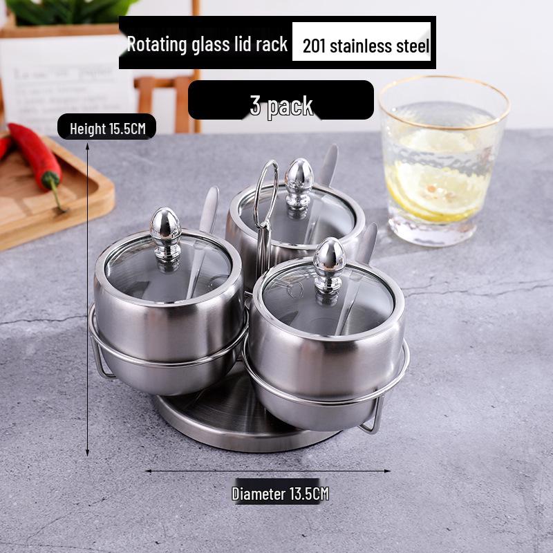 Gold Korean-Style Seasoning Jars, 201 Stainless Steel with Glass Lids On Tray, for Restaurant Use.