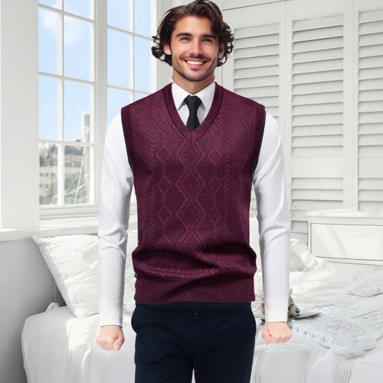 Men Knitting Vest V-Neck Sleeveless Rhombus Texture Sweater Vest Autumn Winter Solid Color Casual Vest Knitwear