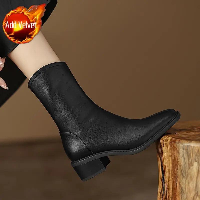Fashion Square Toe Leather Warm Mid Calf Shoes Woman Gothic Hot Large Size Comfortable and Elegant Demi-season Half High Boots for Women