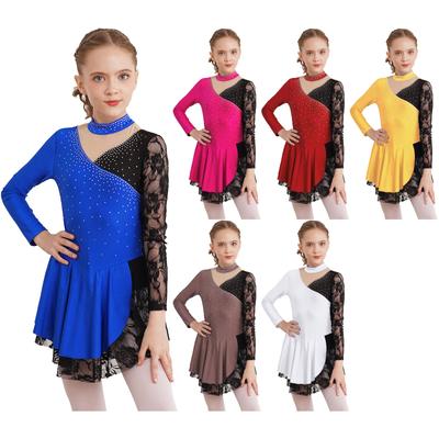 Kids Girls Stylish Dance Dress Long Sleeve Lace Patchwork Dress for Skating Lyrical Dance