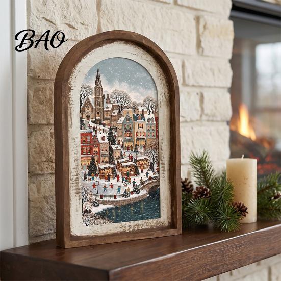 Indoor Christmas Ornament Set Vintage Arched Wooden Photo Frame with Illustration, Retro Distressed Wall Art for Holiday Tabletop Desktop And