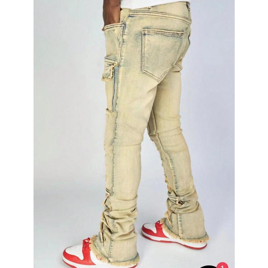 DRIPX Jeans Uomo Pantaloni Lunghi Pantaloni a Zampa di Elefante in Denim Pantaloni Dritti con Strappi Vestibilità Slim Vita Alta Casual Tasca con Bottone Cuciture Autunno Inverno