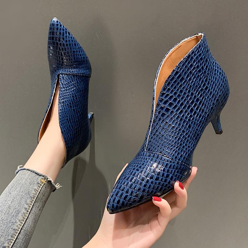 Fashion Fashion Spring Autumn Pointed Toes V-mouth Patent Leather Short Boots Women Thin High Heels Snake Skin Ankle Boots Chunky Heels