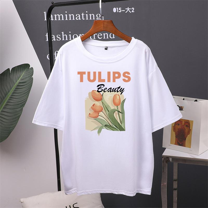 

Хлопковые футболки с принтом Foral, женские летние свободные футболки Harajuku Kawaii для девочек, повседневные женские топы с короткими рукавами XXL белый