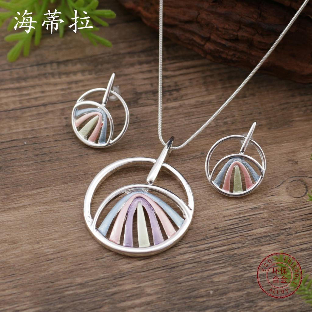 New Enamel Color Round Hollow Line Stud Earrings Pendant Set, Women's Simple Round Line Necklace
