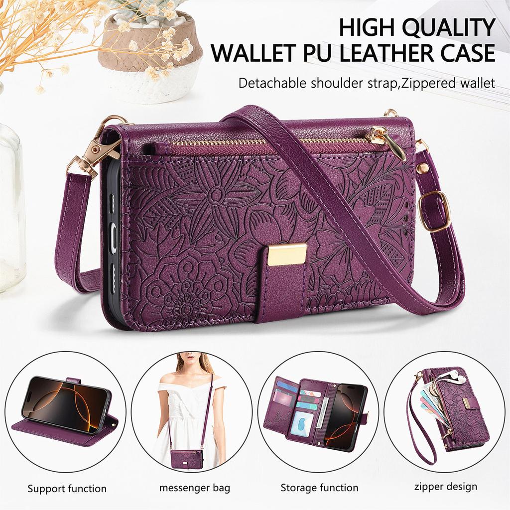 Floral Leather Wallet Case for Samsung Galaxy A05-A71 / S24-S25 series...with Detachable Shoulder Strap