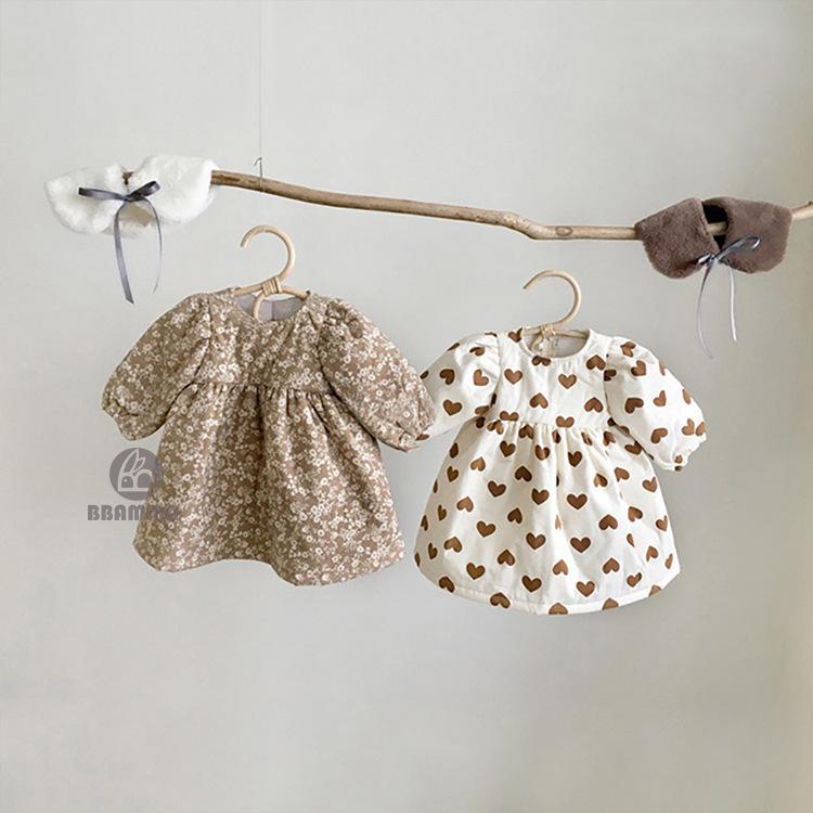 Clearance: Baby Heart Print Quilted Dress with Fur Collar - Long and Warm