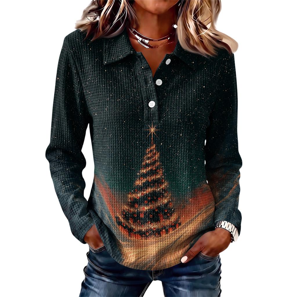 Women's Fashion Casual Button Front Long Sleeve Christmas Top with Collar