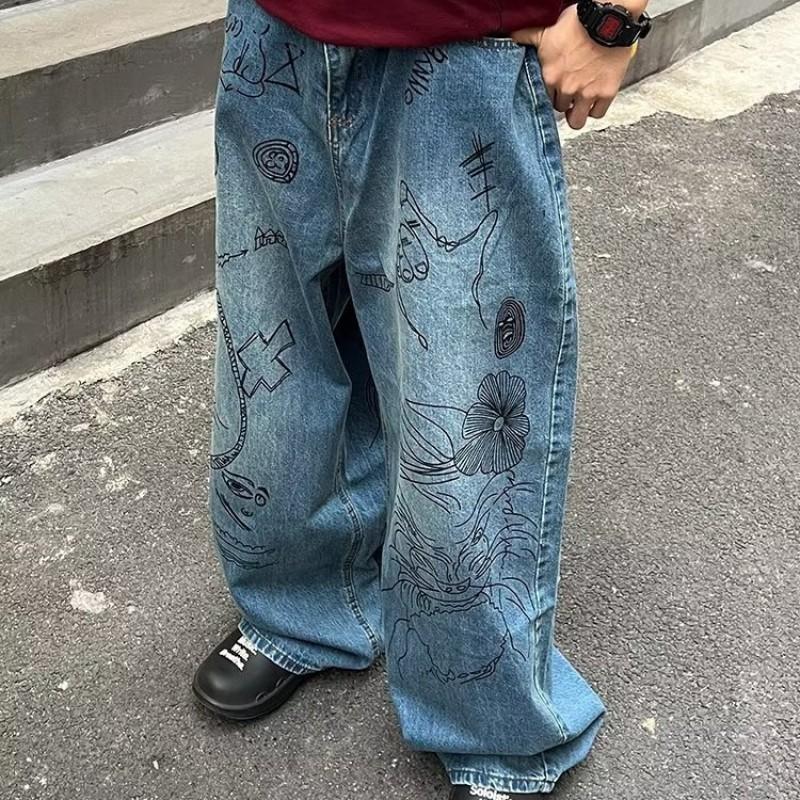 Mens Streetwear Wide Leg Denim Pants With Graffiti Print Loose Fit Straight Cut Jeans Casual Wear