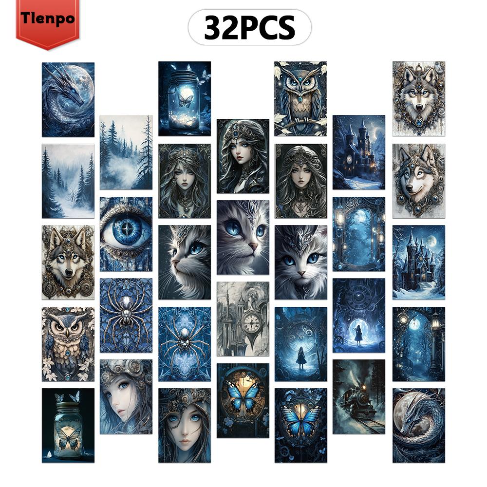 

32pcs, blues snow scene Golden magic postcards, dark fairy tales, wall stickers, mailing cards, greeting cards, DIY postcard чистый