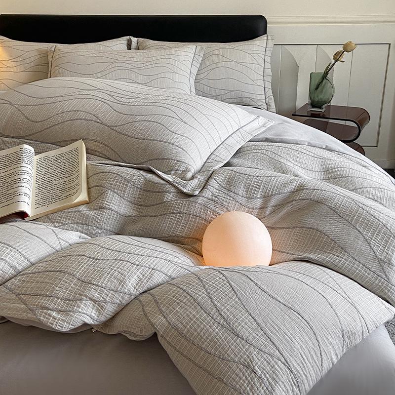 *Class A Jacquard Cotton 4-Piece Thick Flannel Wave Bedding Set, 1.8m*