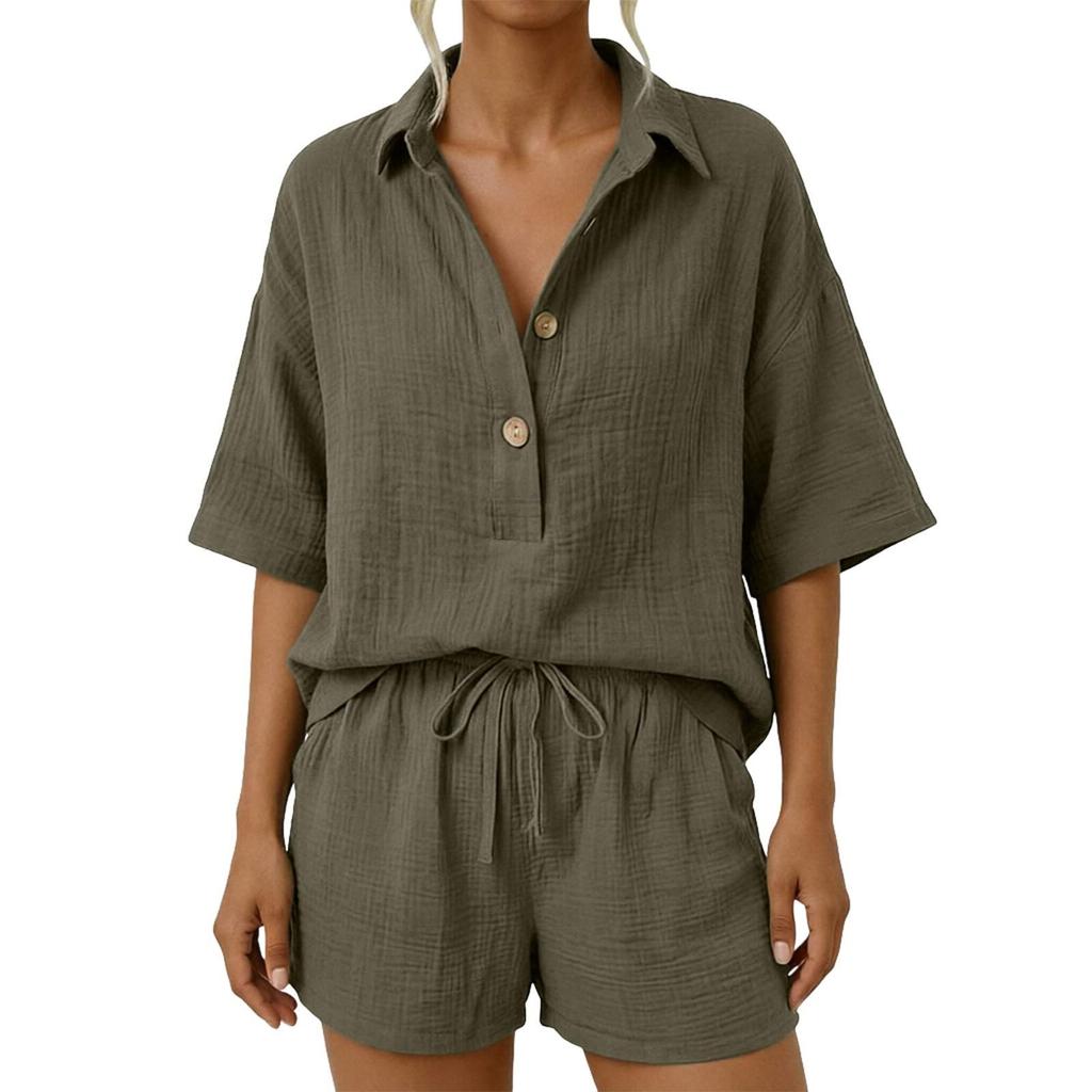 Women Casual Two Piece Set Lightweight Button Down Shirt and Drawstring Waist Shorts Relaxed Fit Summer Outfit