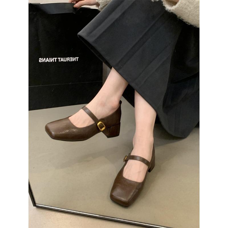 French retro square head light mouth single shoes women's middle heel spring and autumn evening temperament fairy thick heel Mary Jane small