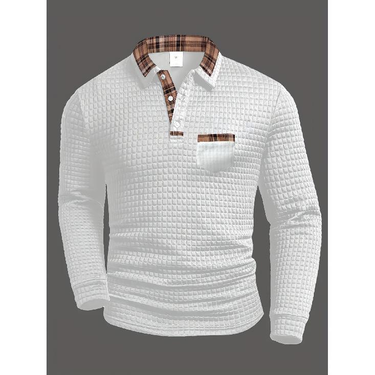

Spring and Autumn New Men s Casual Solid Color Plaid Patchwork Pocket Turn-down Collar Long Sleeve Sports Polo Shirt for Men XXXL білий
