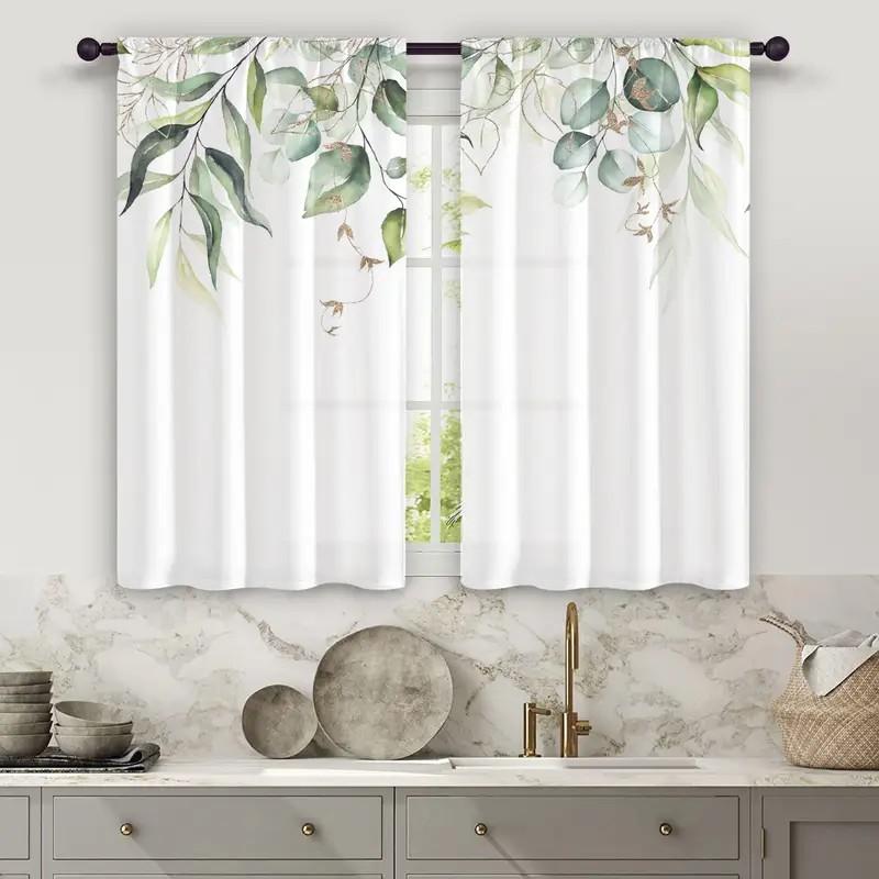 2pcs Fresh Eucalyptus Leaf Curtains: Suitable for Kitchen / Daily Use, Minimalist Style, Rod-Pocket