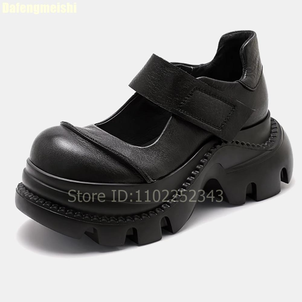 Fashion 2025 New Thick-Soled Mary Jane Shoes Women Punk Style Summer Shallow Round Toe Black Leather Shoes Height-Increasing Pumps