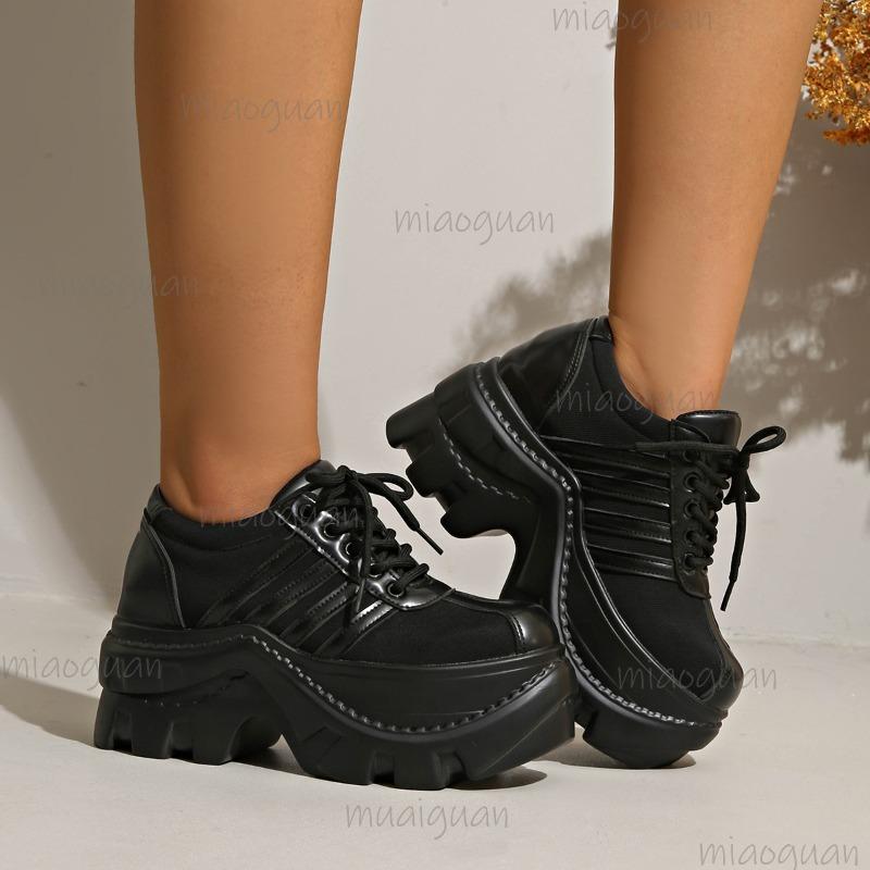 Black Platform Shoes Punk Height Increasing Lace-Up Casual Sneakers for Women Gothic Fashion Footwear Chunky Sole Size 35-42