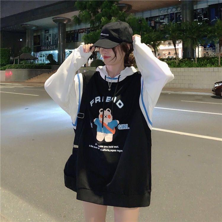 Spring Autumn Sweater Women Fake Two-piece Long-sleeved Hoodie Loose Boyfriend Wind Jacket Casual Thin T-shirt
