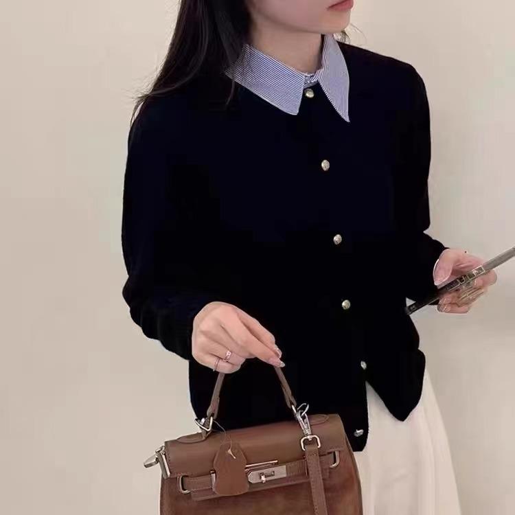 Frühlingsmodelle Falscher zweiteiliger Strick-Cardigan-Pullover Damen Temperament Pendler Zauber Hemdkragen Einreihiger Cardigan Damen