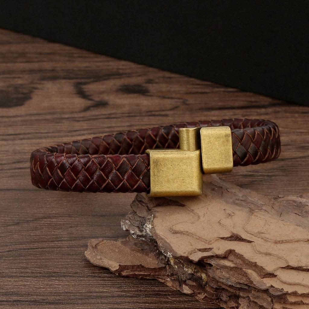 Men's Genuine Leather Woven Bracelet with Alloy Magnetic Buckle