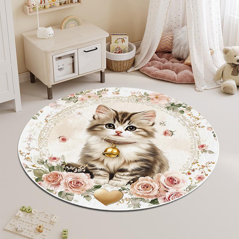 Round Carpet Bedroom Stain-resistant Cartoon Cat Bedside Children's Rug Floor Mat Living Room Washable Thickened Coffee Table Mat
