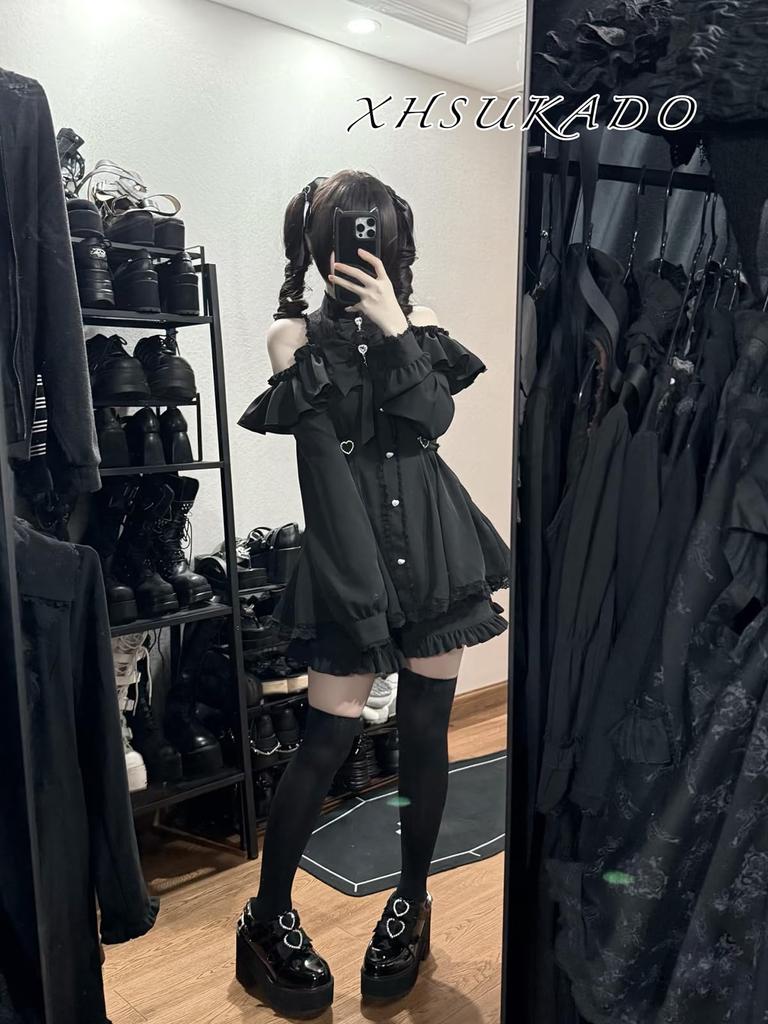 Cute Heart Long Detachable Ribbon Lolita Size L [XHSUKADO] Women's Open-Shoulder Dress, Back, Stand-Up Collar, Sleeves, Brooch, Ruffles, Lace, A-Line,