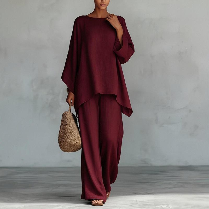 2026 spring new women's clothing, Europe, America and Amazon cross-border, fashionable solid color loose bat sleeve trousers two-piece set
