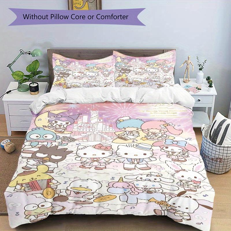 3pcs Sanrio Hello Kitty and Friends Printed Quilt Set - Includes 1 Quilt Cover and 2 Pillowcases, Machine Washable - Suitable for All Seasons.W10