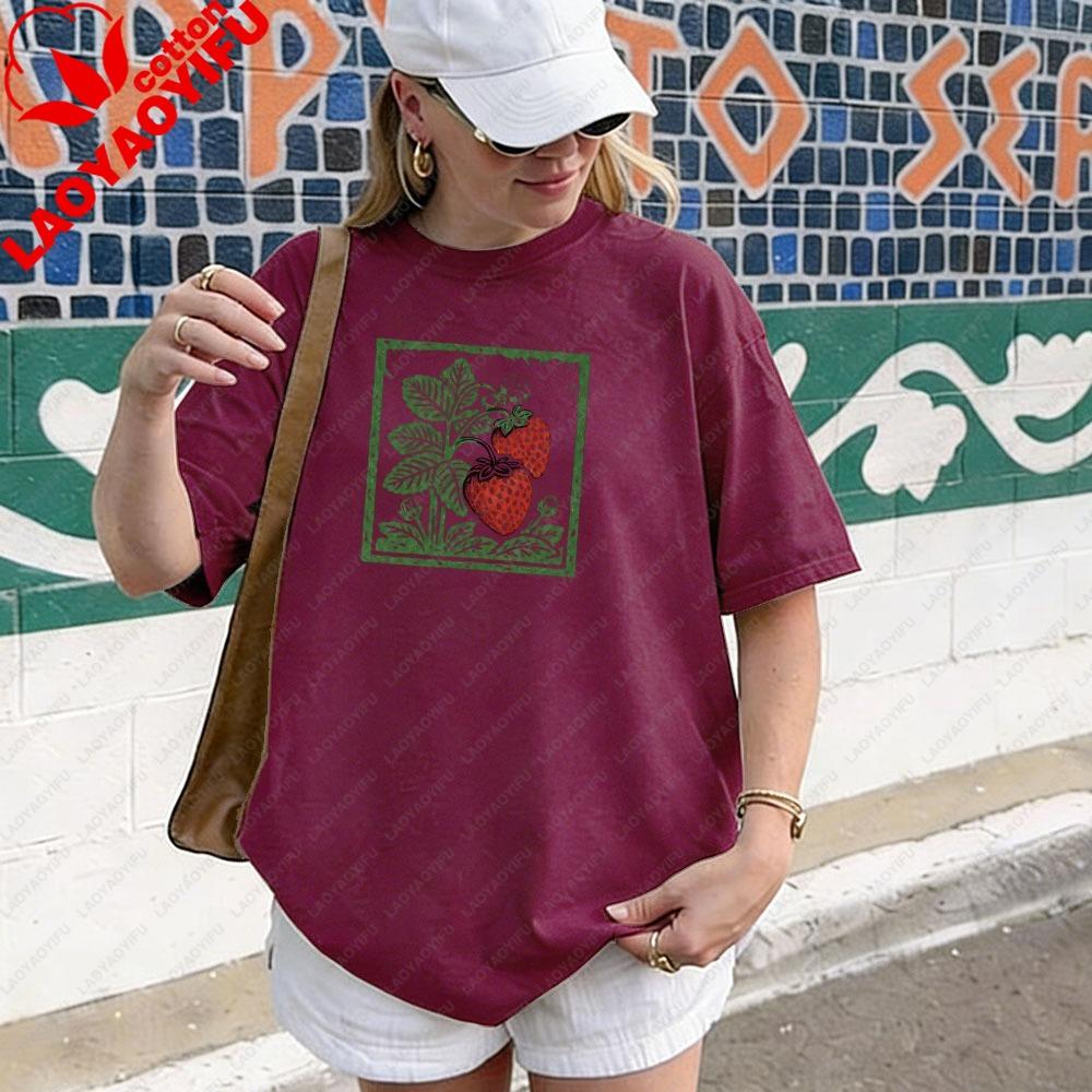 Strawberry Cottagecore Shirt Vintage Botanical Strawberry Tee Garden Fruit Block Print TShirt Berry Plant Graphic Unisex Tshirt