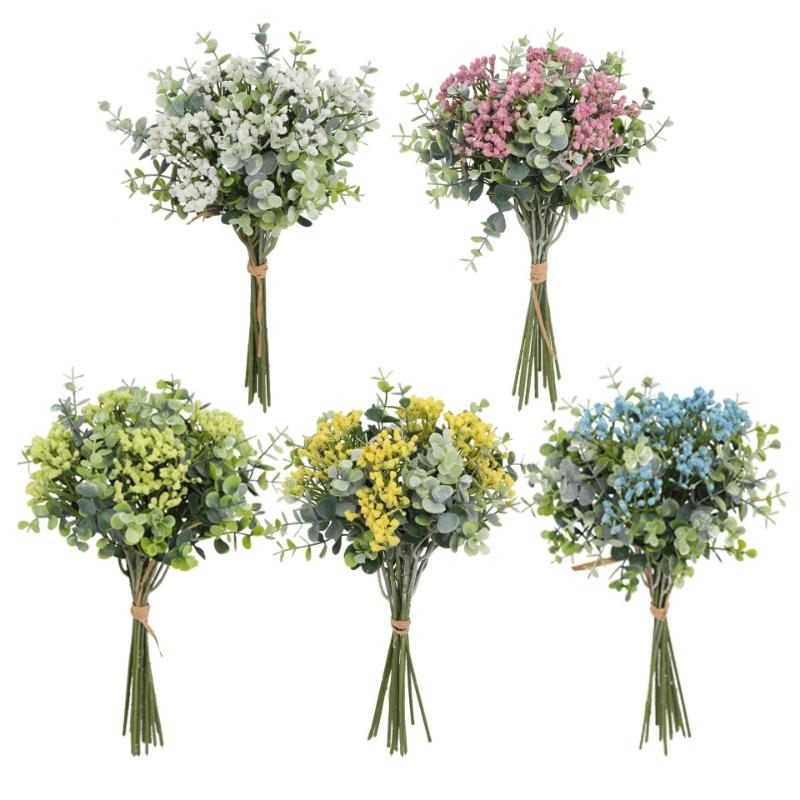 4pcs Plastic Fake Flower Artificial Eucalyptus Gypsophila Bouquet Restaurant Decoration Green Eucalyptus Leaf Simulation Flowers
