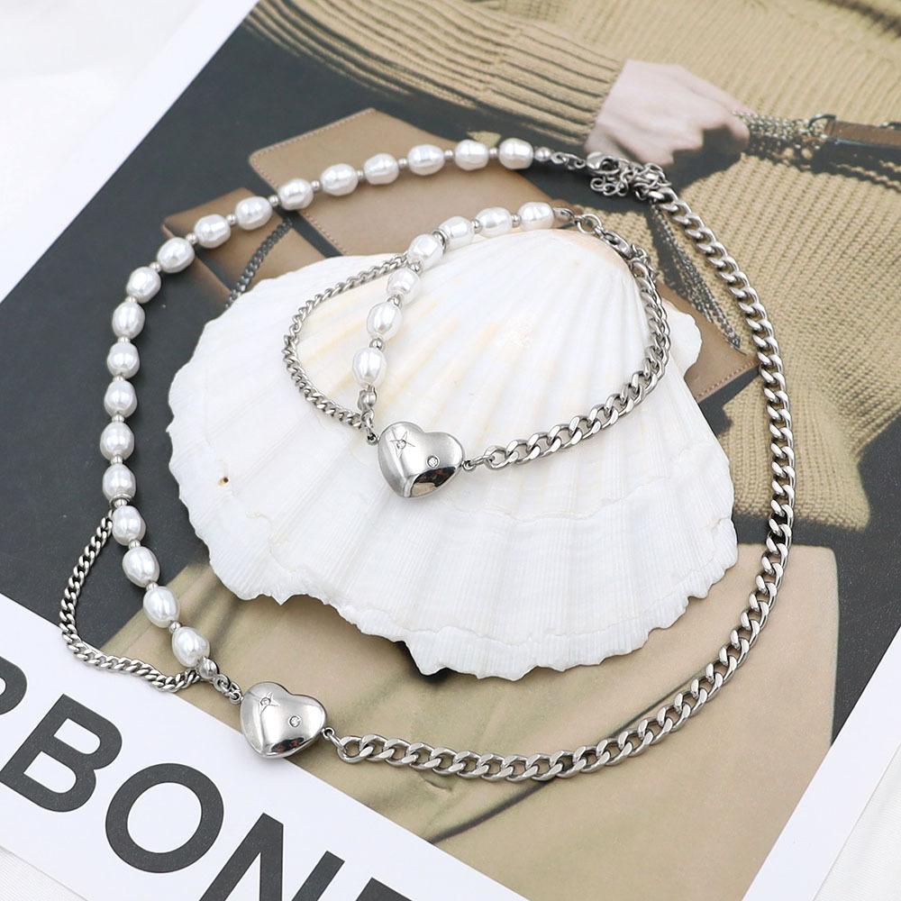 Accessories Individual Cold Wind Pearl Love Splicing Necklace Bracelet Set Women'S Niche Titanium Steel Jewelry Set