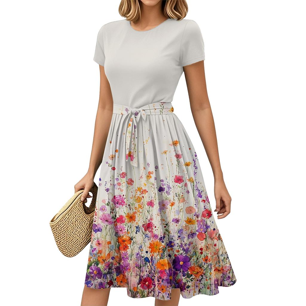 Women's Fashion Casual Belt Short Sleeve Round Neck Geometric Printing Splicing Elegant Temperament Dresses