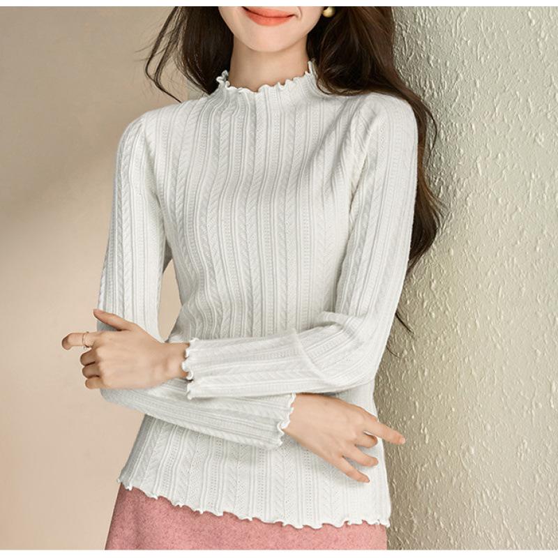 

Bottom shirt women s spring and autumn inner wear new semi-turtleneck fungus edge knitted sweater medium neck long sleeve slim sweater one size fits all белый