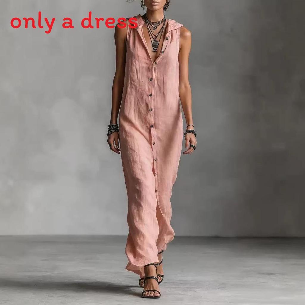 Long Sleeveless Spliced Dress With Polo Collar For Casual Travel And Streetwear