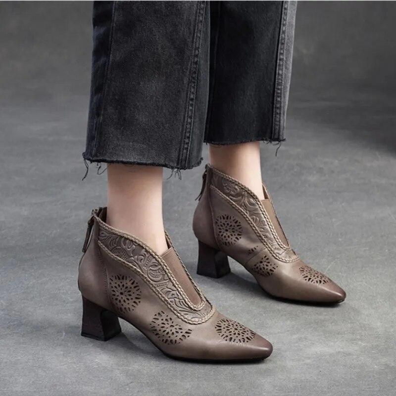 Johnature Sandals Genuine Leather Breathable Hollow-out Boots Retro Pointed High Heel Commuter Women's Shoes