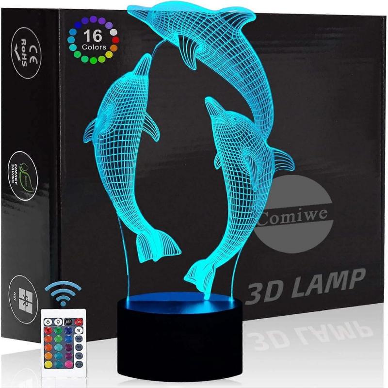 Dolphin 3D Illusion Night Light Toys,16 Colors Change Smart Touch & Remote Control,Home Decor LED Bedside Table Desk Lamp,Christmas Birthday Gif