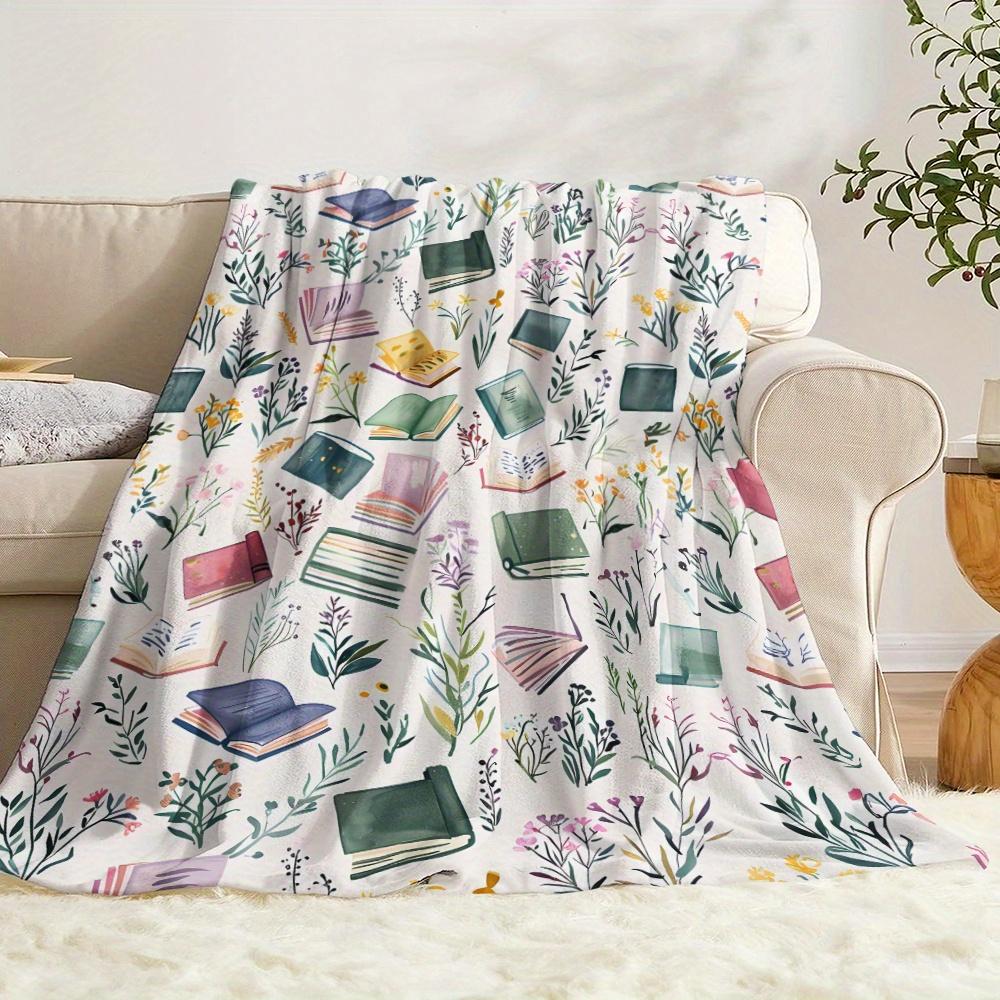 Watercolor Books & Wildflowers Flannel printed blanket suitable for all seasons suitable for living room office sofa and travel